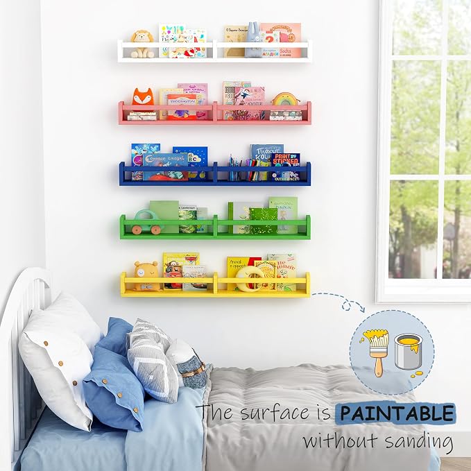 Harwaya Floating Nursery Book Shelves for Wall, 32 Inch Long Bookshelf for Kids Room, Wooden Large Wall Shelf with Hanging Rod for Baby Toddler Child Bedroom (3-Pack, Natural Wood)