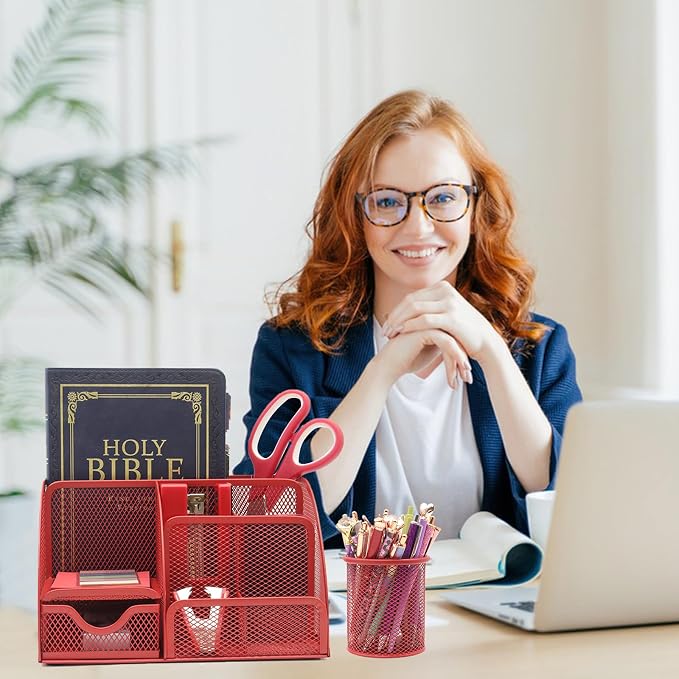 12 in 1 Red Desk Organizers and Accessories for Office Home School | Red Office Supplies for Coworkers Students, Include Stapler, Pen Holder, Tape Holder, Scissors, Ruler, Staple Remover