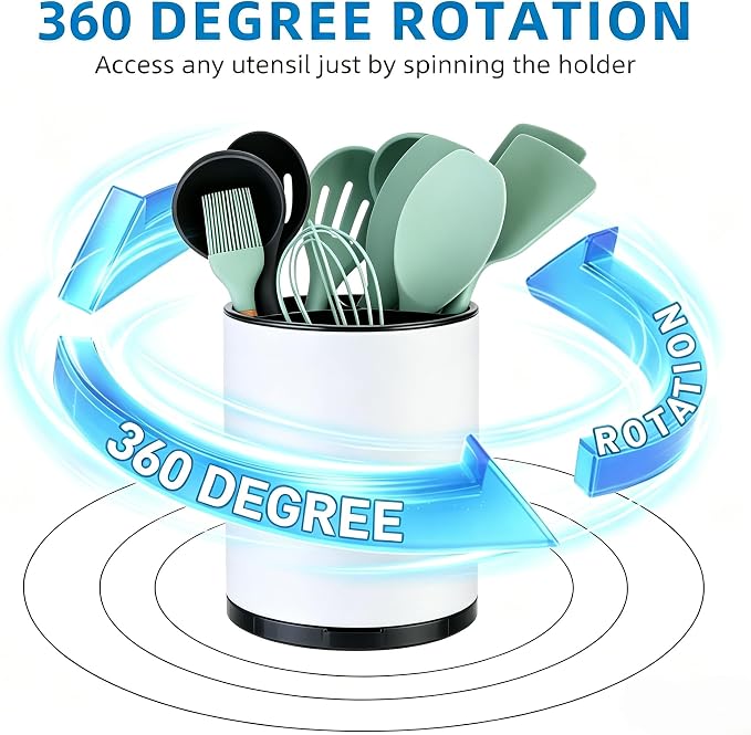LIBODOUR Kitchen Utensil Holder Extra Large Rotating For Counter Organizer Stainless Steel Storage Cooking Silverware Caddy 3 Compartment Flatware Spoon Spatula Tool Cutlery Container(2 Set White)