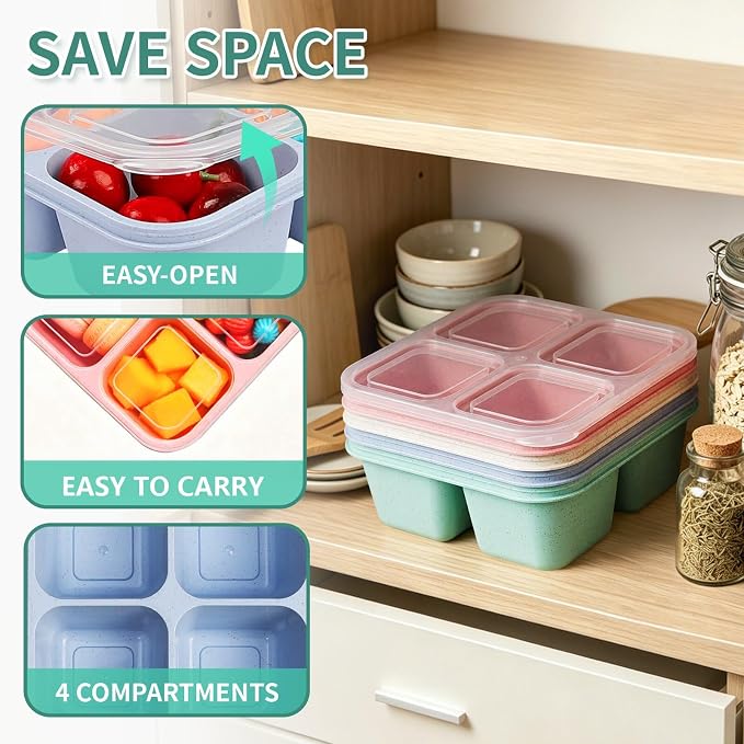 buluker 4 Pack Bento Snack Containers Set, 4 Compartment Food Storage Containers ,Wheat Straw Meal Prep Lunch Box ,Plastic Food Storage container, Microwave and Dishwasher Safe (4colour)
