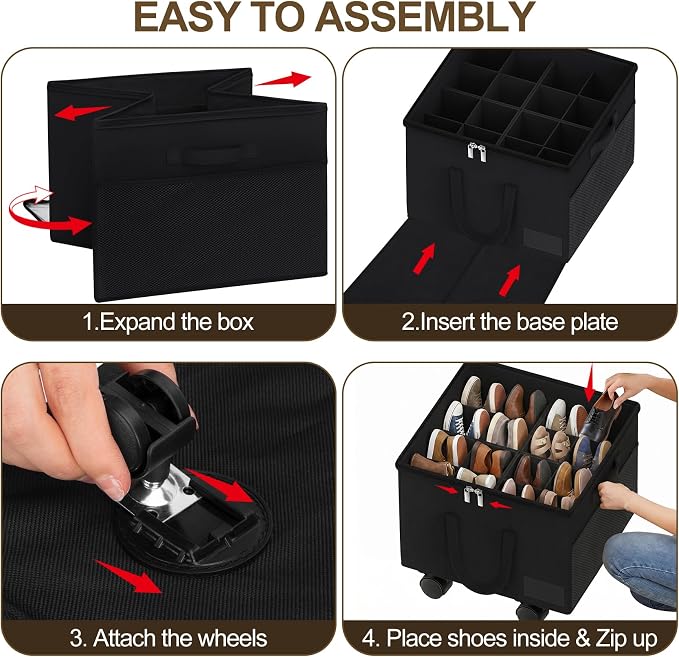 Large Shoe Organizer for Closet, 16 Pairs Shoe Storage Box with 360ยฐ Wheels & Reinforced Handles, Adjustable Dividers, Clear Cover, Side Pocket, Foldable Oxford Fabric Bin for Entryway, Black