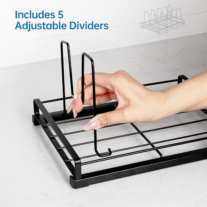 Adjustable Food Container Lid Organizer with 5 Dividers, Full Metal Pot and Pan Organizer Rack for Kitchen Cabinets, Drawers, Cupboards, Pantry Shelves Storage, Black