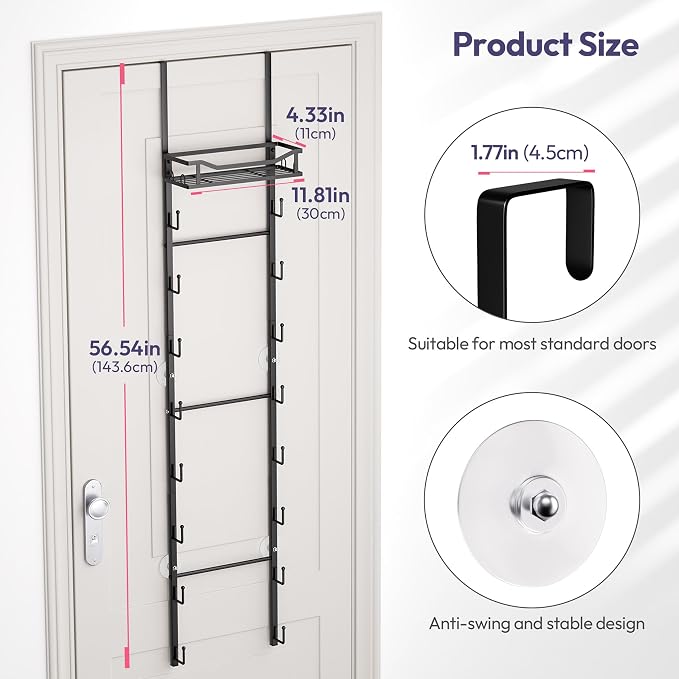 SWTYMIKI Over The Door Purse Organizer - Wall Mounted Purse Rack with 16 Hooks and Metal Basket, Handbag Hanger Organizer Holds up to 16 Bags, Bag Rack Can Use As 1/2 Part, for Door, Closet