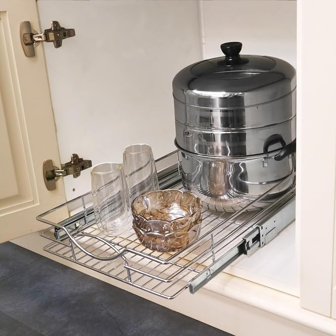 Sikarou Pull Out Cabinet Organizer, Heavy Duty Kitchen Cabinet Pull Out Shelves, Slide Out Wire Basket for Kitchen Cabinets, Bathroom, Pantry, Chrome Finish (11 * 17 in)
