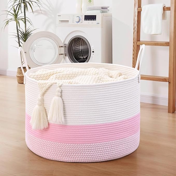 67L Large Woven Blanket Basket, Cotton Rope Baby Laundry Hamper with Handles, Kids Toy Basket for Classroom & Nursery, Soft Round Stuffed Animal Storage, Dog Toy Bin - 20"x13", Light Pink