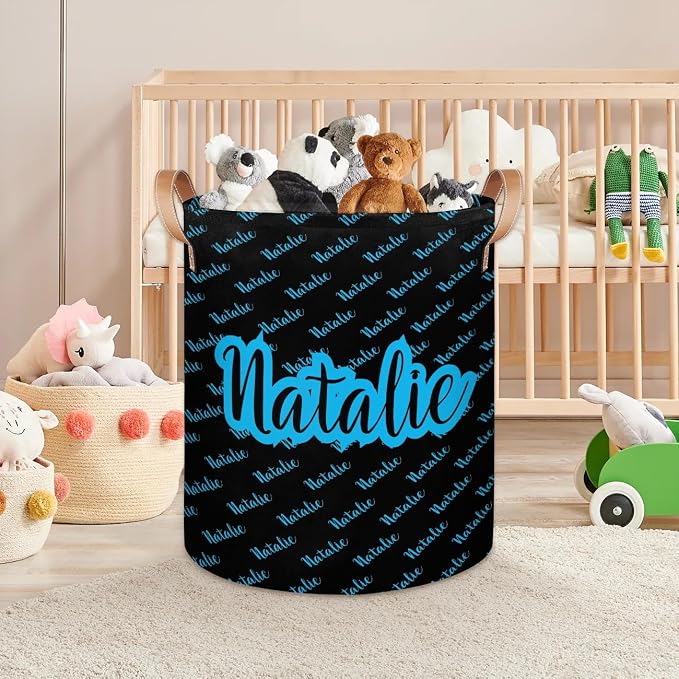 Personalized Laundry Basket, Custom Gift Laundry Hamper, Collapsible Nursery Waterproof Laundry Baskets, Dirty Clothes Toy Hamper with Handles Name Black Blue