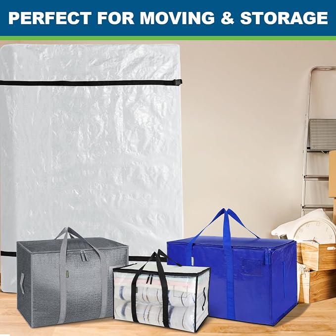 TICONN Mattress Bags for Moving, Heavy Duty Cali King Mattress Cover Storage Bag with Full-Around Handle and Adjustable Buckles (Clear, Cali King)