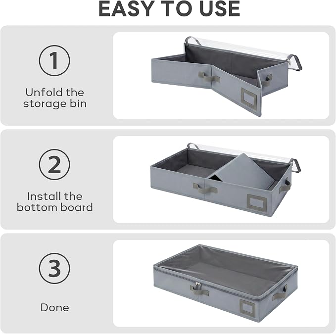 4" Low Profile Under Bed Storage Bins (2-Pack, Grey), Slim 600D Oxford Fabric Clothes Organizer Box with Reinforced Leather Handles, Sturdy Clear Lid