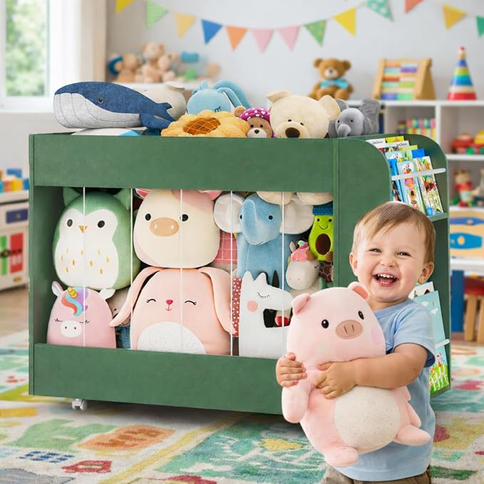 Wooden Kids Bookshelf and Toy Storage Organizer with Side Drawing Chalkboard, 3-in-1 Mobile Stuffed Animal Storage Zoo, Rolling Toy Box Container on 4 Wheels for Kids Room Playroom Nursery, Green