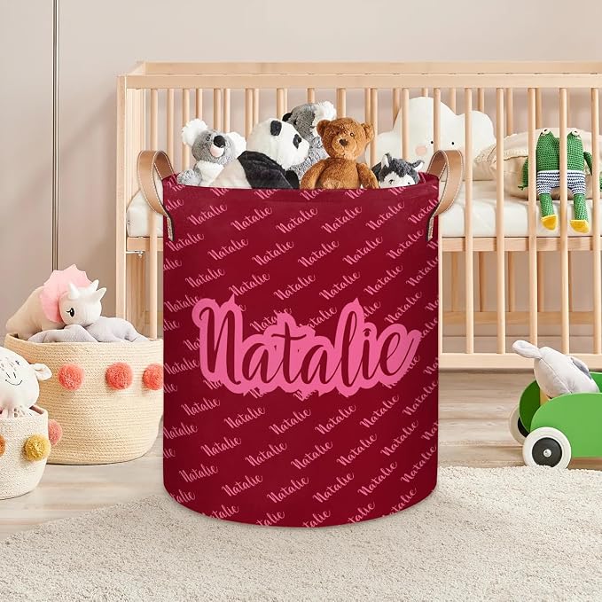 Personalized Laundry Basket, Custom Gift Laundry Hamper, Collapsible Nursery Waterproof Laundry Baskets, Dirty Clothes Toy Hamper with Handles Name Text Red