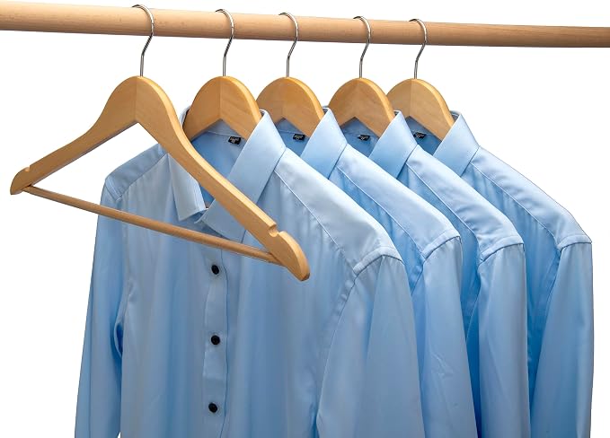 Wooden Hangers 10 Pack, Non-Slip Wood Hangers with 360° Swivel Hook & Notches, Solid & Slim Coat Hangers for Shirt, Suit, Jacket, Dress, Natural-HL01N