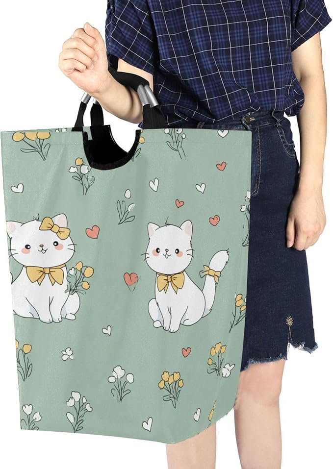 Cute White Cat with Yellow Flowers Large Laundry Hamper Basket, Collapsible Laundry Bag Storage Bins Baskets with Handles for Laundry, Bedroom, Home Decor