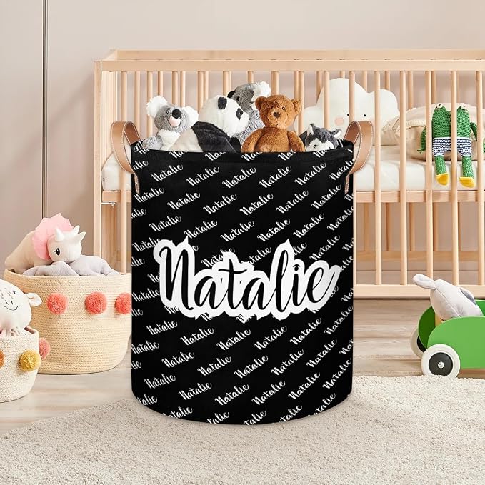 Personalized Laundry Basket, Custom Gift Laundry Hamper, Collapsible Nursery Waterproof Laundry Baskets, Dirty Clothes Toy Hamper with Handles Name Black