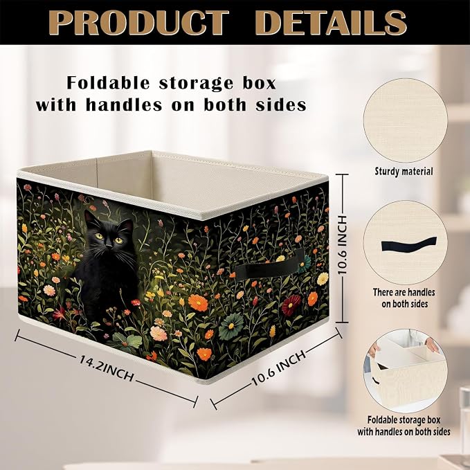 William Morris Inspired Dark Wildflower Black Cat Storage Bin Box with Handles,Cottagecore Floral Botanical Cat Foldable Organizer Basket Toybox for Room Bedroom Bathroom Clothes Toys Books