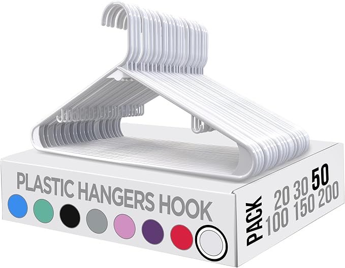 Utopia Home Plastic Hangers 50 Pack – Built-in Strap Hooks White | Space saving | Durable & strong | Closet organizer | Clothes hangers | Ideal for shirts, pants, skirts & coats