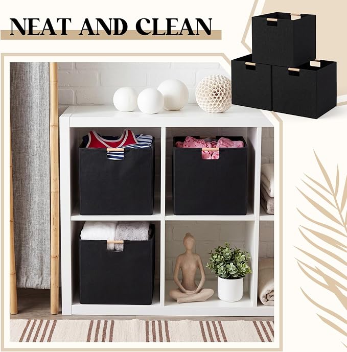 Cinnvoice 3 Pack Fabric Storage Bins for Closet Shelves, 13 x 13 x 13 Inch Black Rectangle Wardrobe Organizer with Handle, Collapsible Shelves Storage Basket for Sorting Clothes and Toy