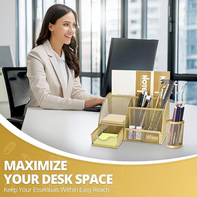 Flexzion Metal Mesh Desk Organizer with Drawer, 6 Compartments, Rose Gold | Compact desktop caddy with separate pen holder; 8.7 x 5.5 x 5 in for office supplies, home study, or dorm use