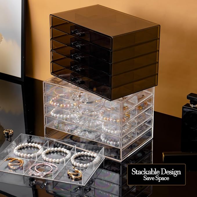 SPAKOWN Earring Organizer, Acrylic Earring Box Large 30 Compartments Jewelry Holder Organizer with 5 Drawers Stackable Earring Bracelet Storage Case Jewelry Boxes for Women (Clear)
