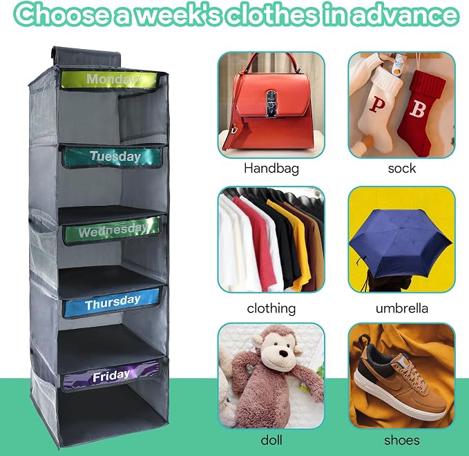 5 Shelf Weekly Clothes Organizer for Kids Daily (Grey) | Days of The Week Clothes Organizer Kid Outfit, Weekday Hanging Closet Shelves with 6 Side Pockets Monday Through Friday
