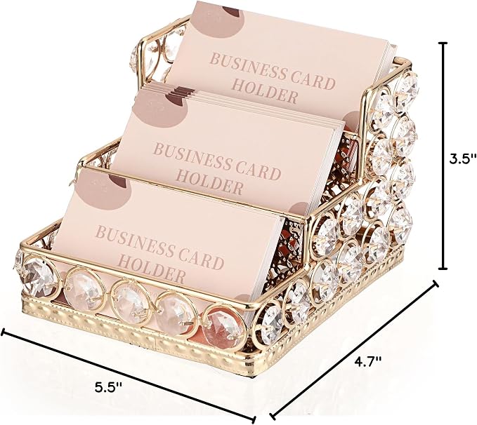 Hipiwe Crystal Business Card Holder - 3 Tiers Gold Mirrored Name Card Display Stand Desktop Business Card Storage Organizer for Office Desk, Holds 120 Business Cards