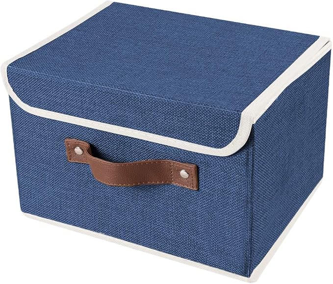 2Pack Storage Bins Boxes with Lids 10" x 8" x 7" Decorative Storage Baskets | Cotton Linen Fabric, Collapsible, Faux Leather Handles, Storage Cubes, Closet Shelf Clothes Organizer Container, Blue