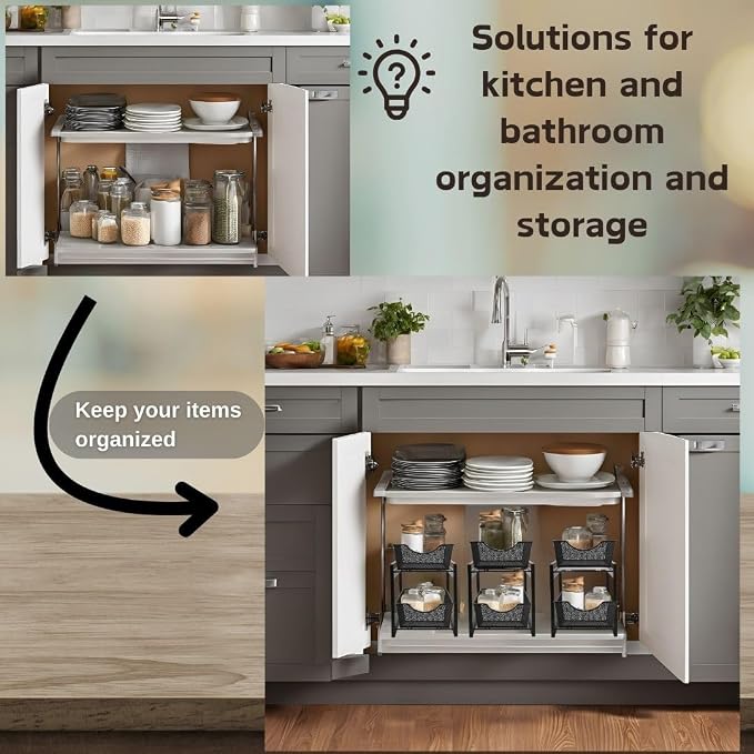 IBERG 2 Tier Bathroom Organizer Under Sink with Pull Out Drawer (Black)