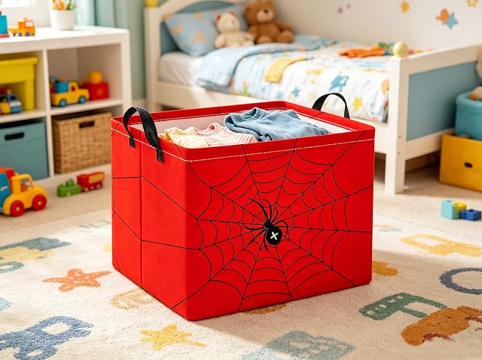 Rectangular Baby Kids Storage Basket for Home Kitchen Girls Cute Toy Storage Bin Organizer Shelf Book Room Decor(Red Spider)