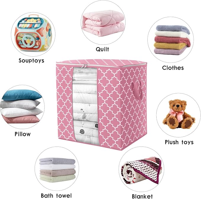 WISELIFE Storage Bags 6 Pack/100L Large Blanket Clothes Organization and Storage Containers for Comforters,Bedding, Foldable Organizer with Reinforced Handle, Clear Window, Sturdy Zippers,Pink
