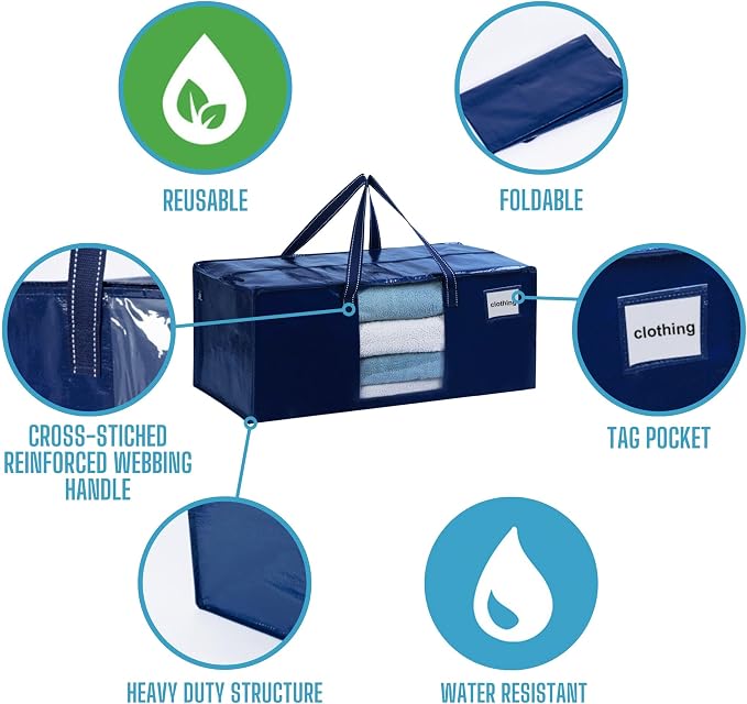 VENO 6 Pack Heavy Duty Moving Bags, Packing Bags with Clear Window, Alternative to Moving Boxes, Storage Bins for Clothes, Blankets, Comforters, College Dorm Essentials (Blue, 6 Pack)