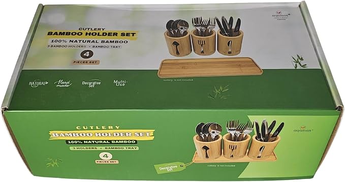 Bamboo Cutlery Holder Set - 3 Kitchen Utensils Holder Organiser with Bamboo Tray | Decorative Kitchen Countertop Stand | Knife, Fork and Spoon Holders