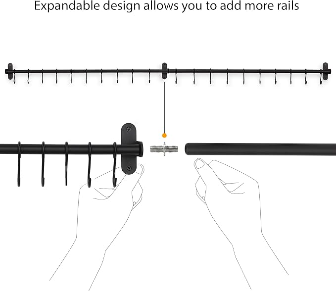 Wallniture Lyon Kitchen Rail with 10 Utensil Holder S Hooks for Hanging Kitchen Utensils Set and Cookware, 17" Frosty Black