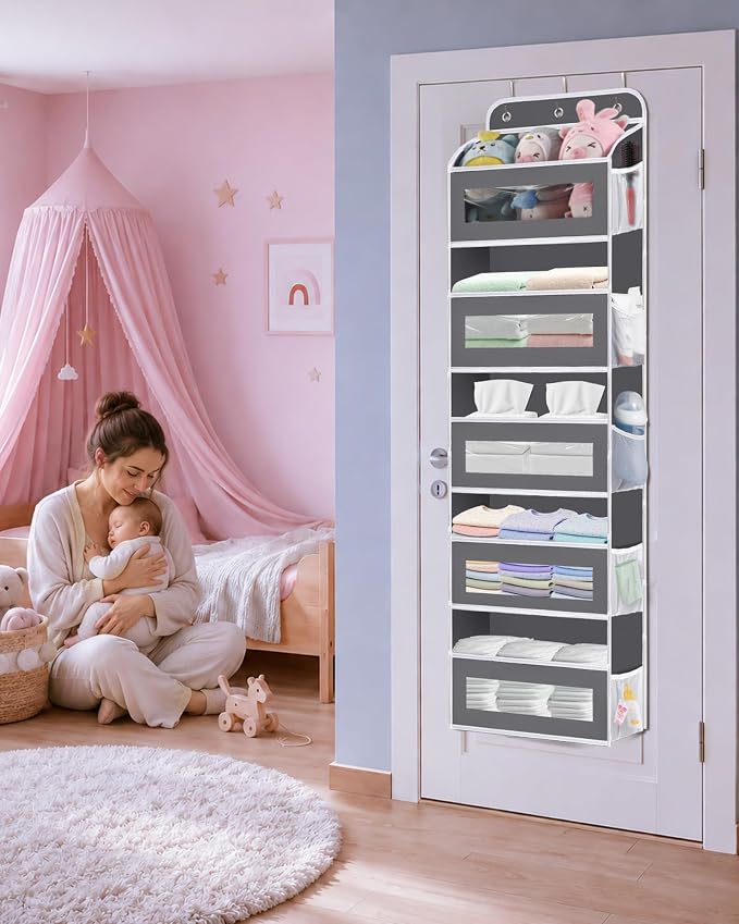 KYEVIS Over The Door Organizer, 5 Shelves Closet Door Hanging Storage and Organizer with 10 Mesh Pockets, Nursery Closet Organizer, Baby Essentials, Stuffed Animal Storage