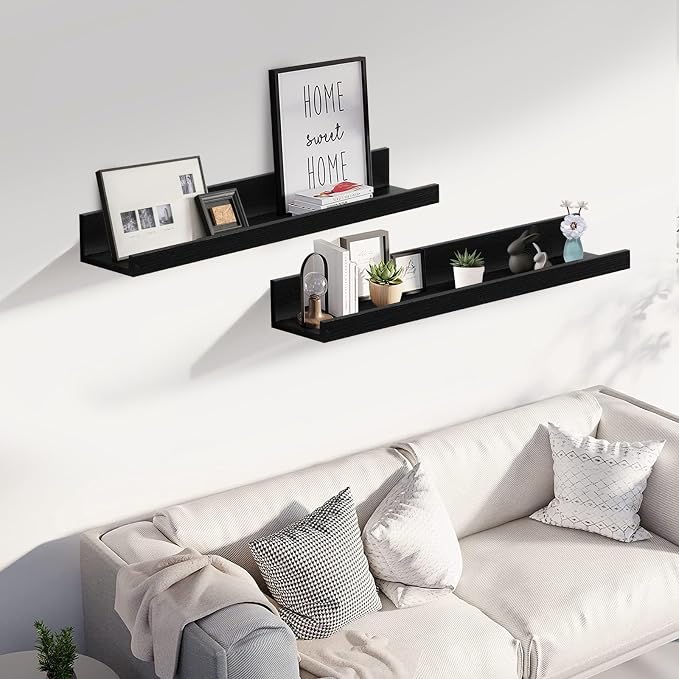 Muzilife 24" Small Floating Wall Ledge Shelves with Lip - Set of 2 Wood Floating Shelves - Black Wall Mounted Picture Ledge for Office, Bathroom, Bedroom, Living Room, Kitchen