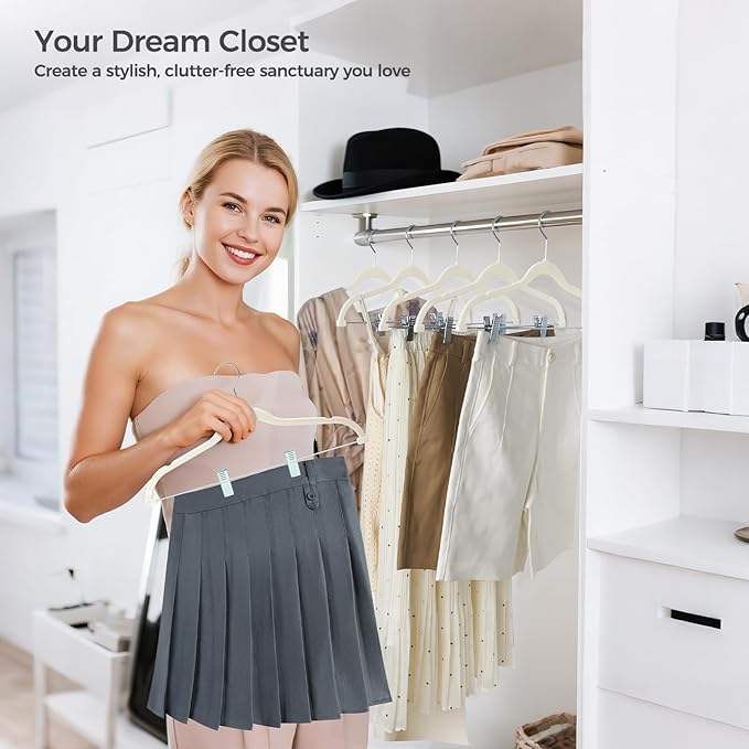 HOUSE DAY Velvet Hangers with Adjustable Clips 30 Pack, Non-Slip Suit Organizer with 360° Hook - Heavy Duty Hanger for Pants, Skirts, Blouses, Dresses - Outfit Hangers All-Season Space Saver (Ivory)