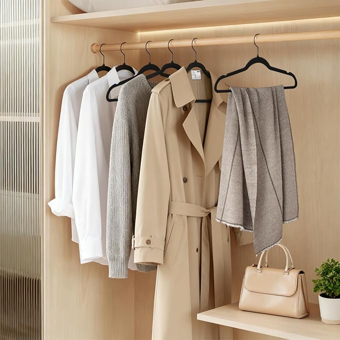 ManGotree Black Velvet Coat Hangers with 360° Swivel Black Hook, Non-Slip Felt Suit Hangers, Slim Space Saving Clothes Hanger for Jacket, Sweater, Shirt, Dress, Pants (22 Pack)