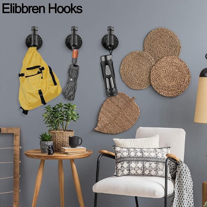 Elibbren 2 Pack Vintage Bathroom Robe and Towel Wall Hooks for Hanging, Rustic Style Industrial Iron Pipe Coat Hook Wall Mounted Heavy Duty Farmhouse DIY, Mounting Hardware Included