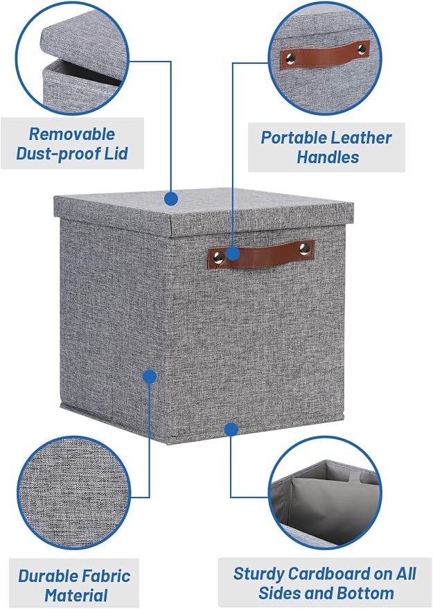 Temary Foldable Fabric Storage Bins with Lids, 2-Pack Storage Bin for Organizing Living Room, Closet Organization, Multi-Purpose Storage Boxes for Clothes (Grey, 10.5x10.5x10.5 inch)