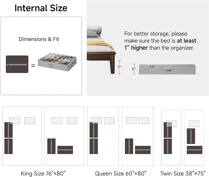 StorageWorks Shoe Organizer for Closet, Fits up to 24 Pairs, 2-Pack Ultra-thick Fabric Under Bed Shoe Storage Containers with Bottom Support and Adjustable Dividers, Grey
