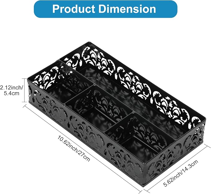 EasyPAG Desk Drawer Organizer with 4 Compartments, Carved Hollow Floral Metal Tray for Office, Jewelry, Cosmetics - No Assembly, Black