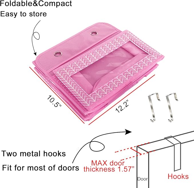 Over The Door Hanging Organizer with 5 Large Pockets - Wall Mount Pantry Storage with 2 Big Metal Hooks for Baby Girlâs Diapers Closet, Bathroom, Nursery, Bedroom, Dorm, Baby, Kids Toys (Pink)