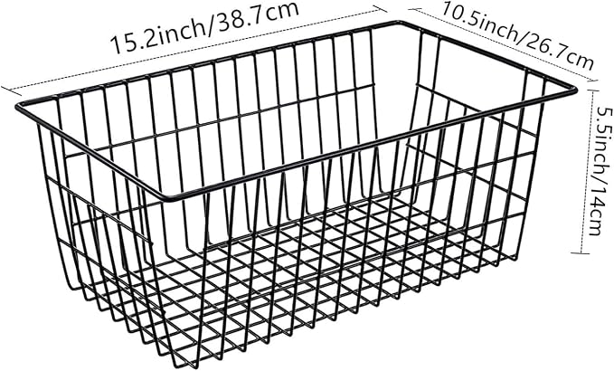 Redrubbit Wire Storage Baskets, Large Farmhouse Metal Freezer Basket Storage Organizer Bins with Handles for Kitchen Cabinets, Pantry, Closets, Bedrooms, Bathrooms, Set of 6, Black