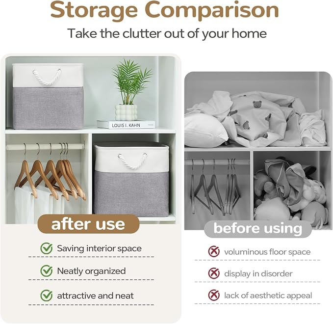 12 x 12 Inch Cube Storage Bins, 4 Pack Fabric Storage Basket with Handles, Foldable Boxes Organizer for Shelf Baskets for Home, Clothes (White/Grey)
