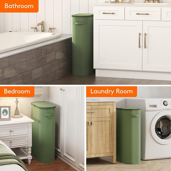 Lifewit Slim Laundry Basket with Lid, Narrow Large Laundry Hamper with Plastic Handles and Removable Bag, Tall Foldable Dirty Clothes Hampers for Laundry Room, Bedroom, Bathroom, Dorm, 75L Green