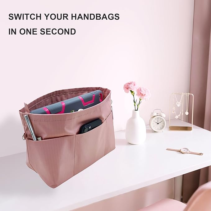 Handbag Tote Purse Organizer Insert, Small, Pink | Bag Divider Liner Shaper Separator in Bag with Zipper, 11 Pockets Compartments