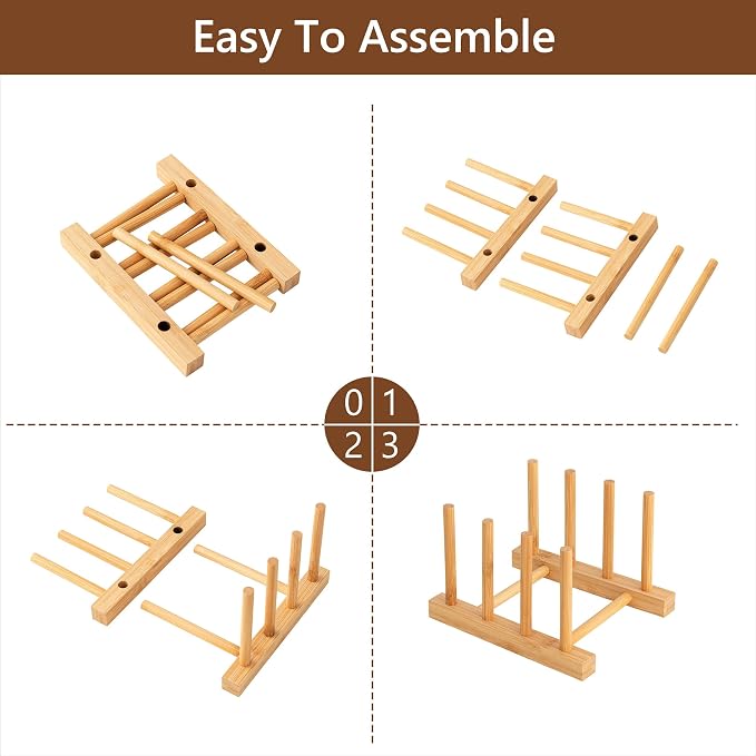 HBlife Bamboo Dish Plate Bowl Cup Book Pot Lid Cutting Board Drying Rack Stand Drainer Storage Holder Organizer Kitchen Cabinet(Keep Dry)