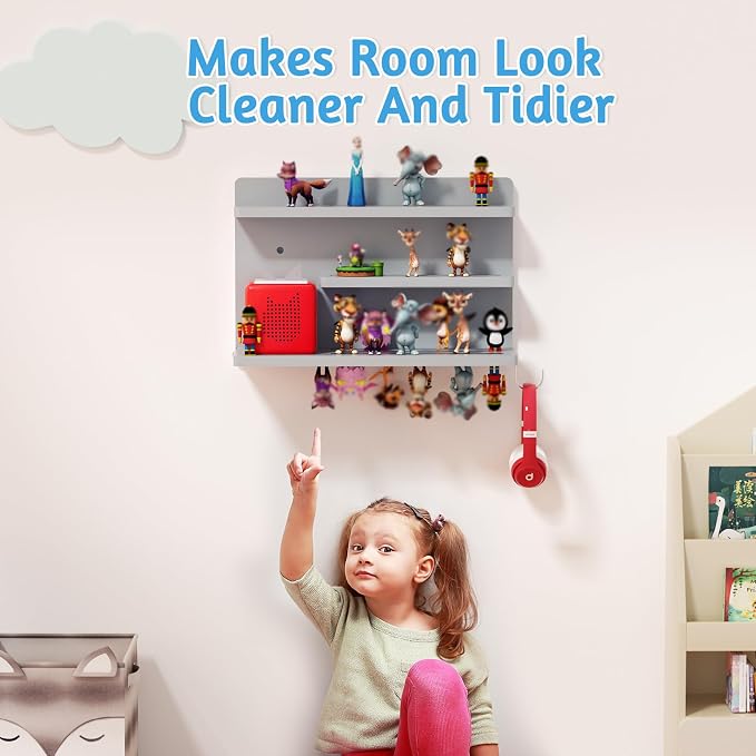 for Tonies Shelf Magnetic - 3 Tier Wooden Tonies Figure Organizer, Grey | Tonies Box Holder, Magnetic Display Shelf for Kids Room, Wall Floating Shelves Toy Storage Compatible Charging Station