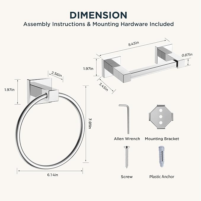 FORIOUS Toilet Paper Holder Wall Mount and Hand Towel Ring Set, SUS 304 Stainless Steel Double Post Pivoting Tissue Roll Holder, Modern Bathroom Hardware Accessories Set, Chrome