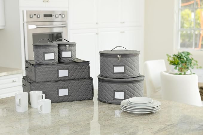 2 Pack China Storage Container for Big Dinner Plate - 13" W x 7" H - Includes 12 Felt Dividers. Stackable with Padded Interior - Great for Big Plates and Charger Plates