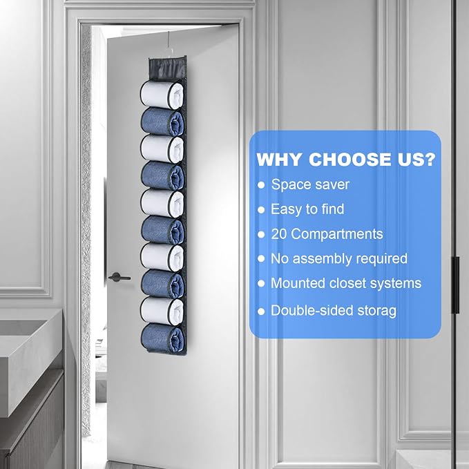 Hanging Storage Legging Organizer for Wardrobe 20 Pockets Grey | Hang on rod, behind door, Clear-view pockets keep leggings, jeans, scarves visible. Space-saving for bedroom, dorm, apartment
