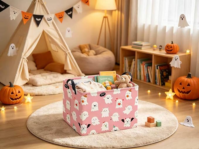 Halloween Basket Cute Baskets for Kids Pumpkin Basket Rectangular Storage Bin Organizer Box Room Decor(Pink Ghosts)